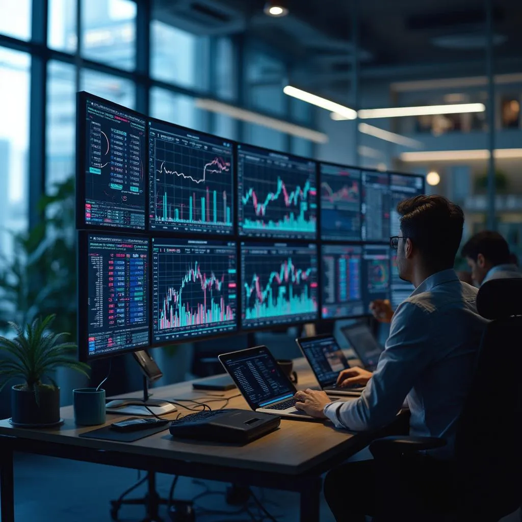 Bureau moderne équipé de technologies IA et écrans de trading