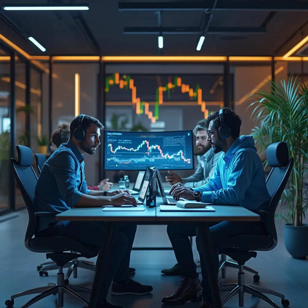 Équipe AlgoTrade AI travaillant sur algorithmes de trading avancés
